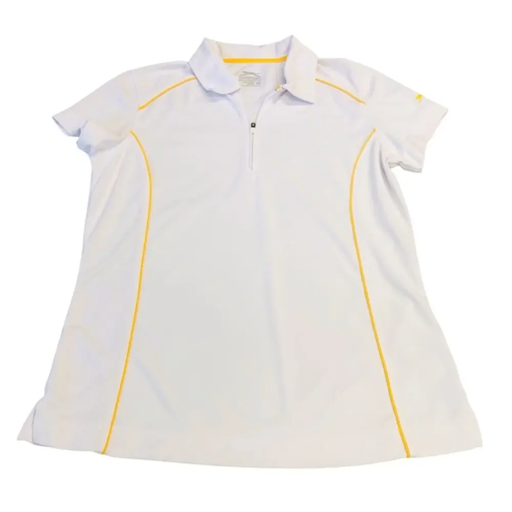 Slazenger White Zip Front Polo Activewear Shirt with Gold Piping Short Sleeve - Picture 16 of 16